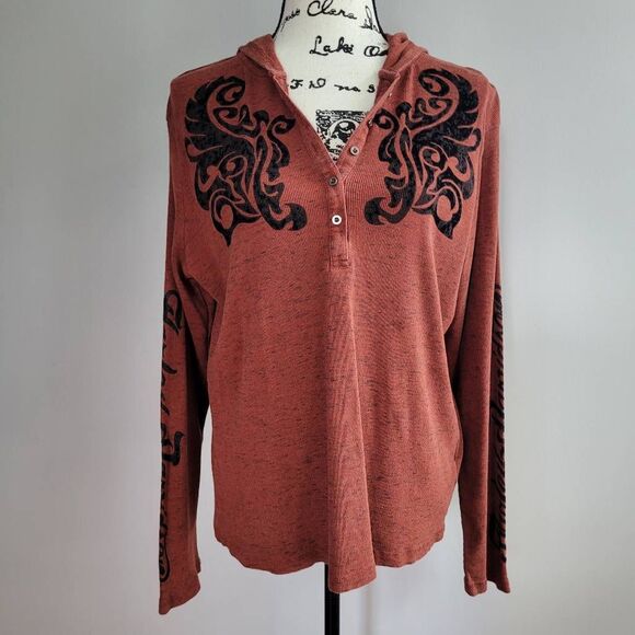 Harley Davidson 2XL rust red hooded sweater henley style graphic biker rock - Picture 1 of 13